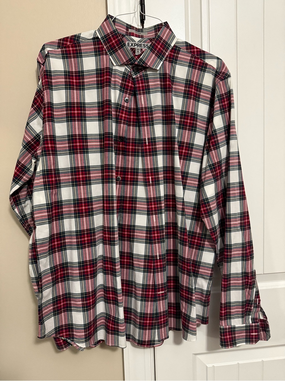 Express Men’s Red and White Plaid Button-Up Shirt